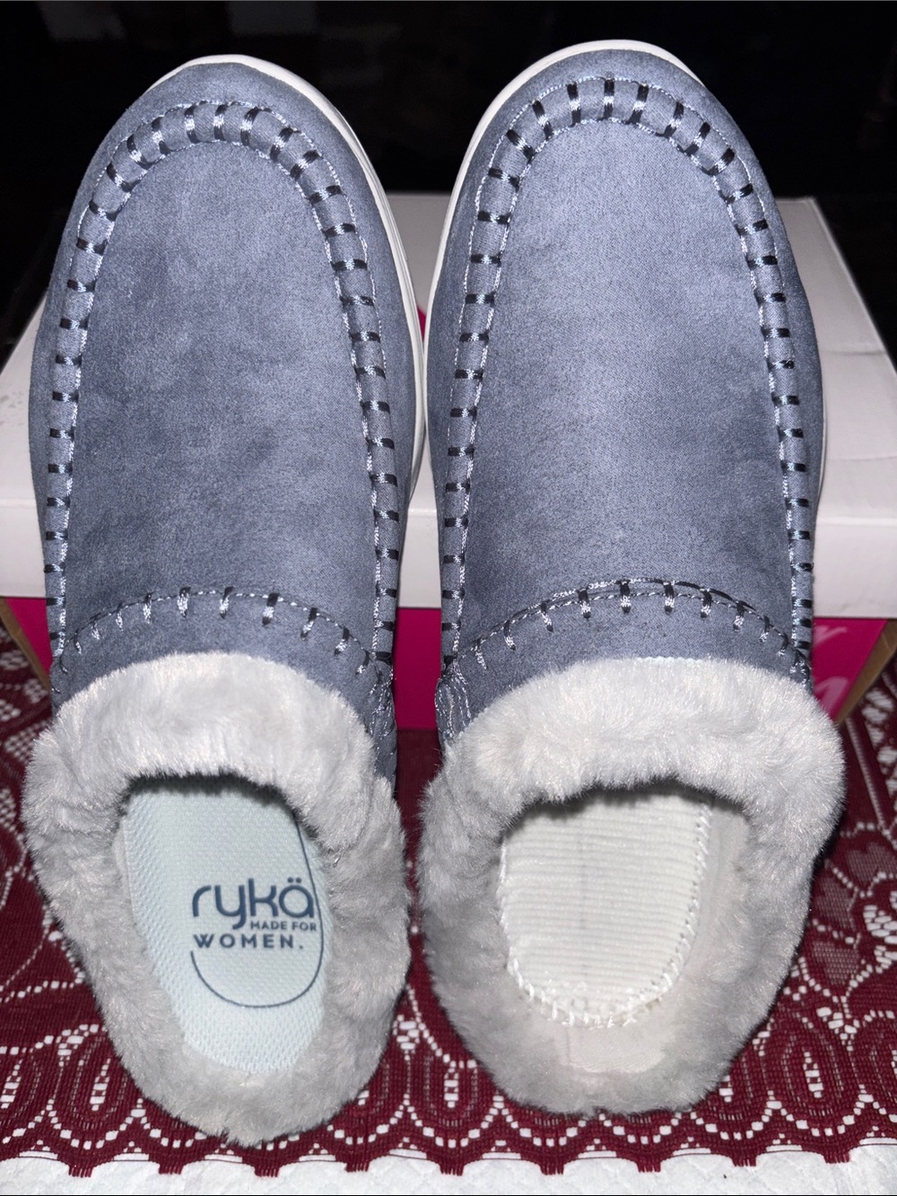 Ryka Women’s Blue-Grey Faux Suede Slip-On Slippers. New in box.